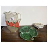 GLASS PITCHER W/ HAND-PAINTED HIBISCUS,