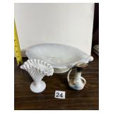 MILK GLASS FOOTED VASE, OPALESCENT GLASS SERVING