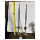 VINTAGE BRASS-TONE CANDLE HOLDERS W/ PURPLE