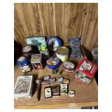 ASSORTED TINS, PLAYING CARDS, LEATHER LACING,