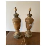 CARVED ALABASTER TABLE LAMPS. ONE WITH BREAKAGE