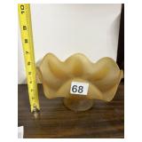 AMBER FROSTED ART GLASS PEDESTAL BOWL, WAVED RIM.