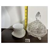MILK GLASS TOP HAT PLANTER, CUT GLASS LIDDED