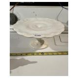 MILK GLASS PEDESTAL CAKE STAND - SCALLOPED EDGE,