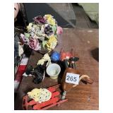 CERAMIC FLORAL ARRANGEMENT, WOODEN SLED ORNAMENT,