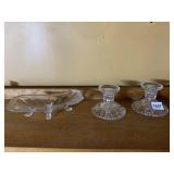 GLASS CANDLESTICKS & RELISH TRAY