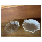 2 RUFFLED EDGE GLASS ROSE BOWLS, IRIDESCENT AND