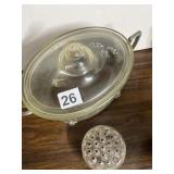 PYREX GLASS CASSEROLE DISH W/ DECORATIVE METAL