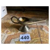 BRASS-TONE DECORATIVE OIL LAMP W/ ETCHED DESIGN,