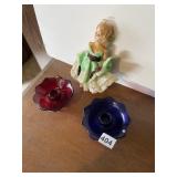 VINTAGE DOLL, COLORED GLASS CANDLE HOLDERS.