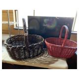 WICKER BASKETS W/ HANDLES - 2 PC, BROWN & RED.