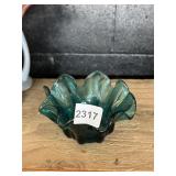 TEAL GLASS RUFFLE BOWL, WAVY EDGES, HAND-FORMED.