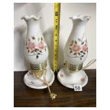 VINTAGE MILK GLASS TABLE LAMPS, FLORAL ROSE &