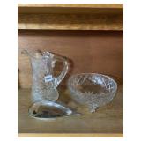 GLASS PITCHER, BOWL, AND SPOON REST WITH SILVER