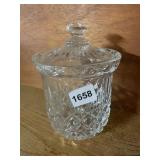 GLASS COVERED CANDY JAR, STARBURST PATTERN, W/