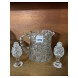 CUT GLASS PITCHER W/ SALT & PEPPER SHAKERS SET.