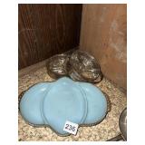 LIGHT BLUE MILK GLASS DIVIDED SERVING DISH, GILT