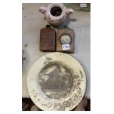 TWO LEATHER SOUVENIR FLASKS W/ SCENIC INLAY, HULL