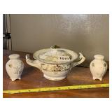 SUGAR BOWL W/ LID, PAIR SALT & PEPPER SHAKERS -
