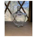 GLASS FOOTED BOWL W/ LID - ETCHED FLORAL DESIGN,