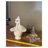 SMALL MILK GLASS BASKET W/ HANDLE, RUFFLED RIM,