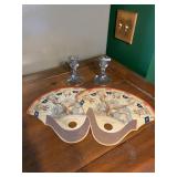 PAIR CRYSTAL CANDLESTICKS W/ PATRIOTIC FAN-SHAPED