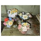 CERAMIC FLORAL BASKETS, SWAN FIGURINE,