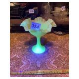 VASELINE GLASS RUFFLED COMPOTE, 8.5IN.