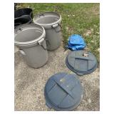 OUTDOOR UTILITY BINS W/ GARDEN HOSE & TOOLS.