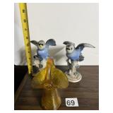 CERAMIC BIRD FIGURINES, AMBER CRACKLE GLASS