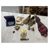 VTG METAL MEDALLION, CHILD SHOES, UMBRELLA,