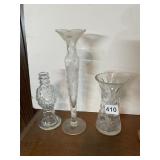 ASSORTED ETCHED & PRESSED GLASS VASES.