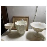MILK GLASS PEDESTAL BOWLS, VASE.