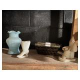 BLUE GLASS VASE, MILK GLASS SHOE TOOTHPICK
