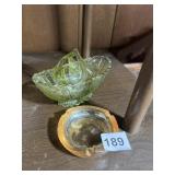 GREEN PRESSED GLASS BASKET W/ GEOMETRIC PATTERN,