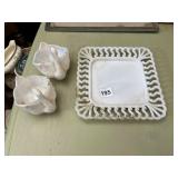 WHITE MILK GLASS SWAN DISHES, RETICULATED SQUARE