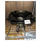SMOKED GLASS ASHTRAY, ORNATE BRONZE-TONE FIGURAL
