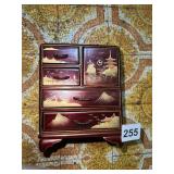 LACQUERED WOOD JEWELRY CABINET, ASIAN LANDSCAPE