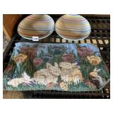 PAIR OF STRIPED CERAMIC EGG-SHAPED PLATTERS &