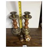 WOODEN & BRASS CANDLESTICKS, CERAMIC OWL