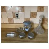 ASSORTED GLASS STORAGE JARS & DECANTER - BLUE