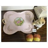 DECORATIVE PINK GILT TRAY, CERAMIC CAT FIGURINE,
