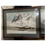ART FRAMED MOUNTAIN LANDSCAPE PRINT W/ CABIN IN