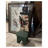 HANDCRAFTED SNOWMAN DISPLAY W/ GREEN STOOL.