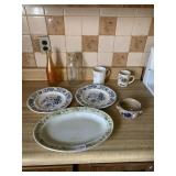 2 BLUE FLORAL BOWLS, GREEN-TRIM PLATTER, CERAMIC