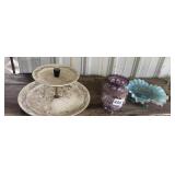 TWO-TIER SERVING STAND, PURPLE CUT GLASS VASE,