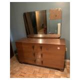 MID-CENTURY WOOD DRESSER W/ MIRROR - SIX DRAWERS,