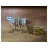ETCHED GLASS CORDIAL GLASSES WITH AMBER GLASS