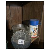 VINTAGE CARTOON THERMOS, FLUTED GLASS BOWLS,
