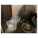 ASSORTED PRESSED GLASS BOWLS, VASE, CITRUS